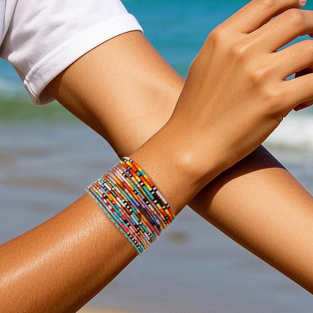 Colorful 3Pcs Stack Rice Seed Beaded Bracelets Set for Women, Boho Romantic Handmade Thin Gold Plated String Rope Adjustable Jewelry, Daily Vacation Party Holiday Friendship Gift - Image 5