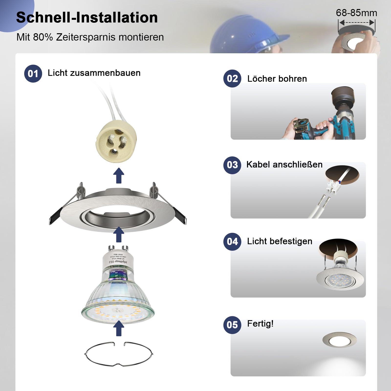 12x Einbaustrahler GU10 Einbauleuchten Schwenkbar Rund Einbaurahmen 68mm LED Spots 230V Edelstahl Gebürstet Einbauspots Rahmen inkl. GU10 Fassung für LED oder Halogen