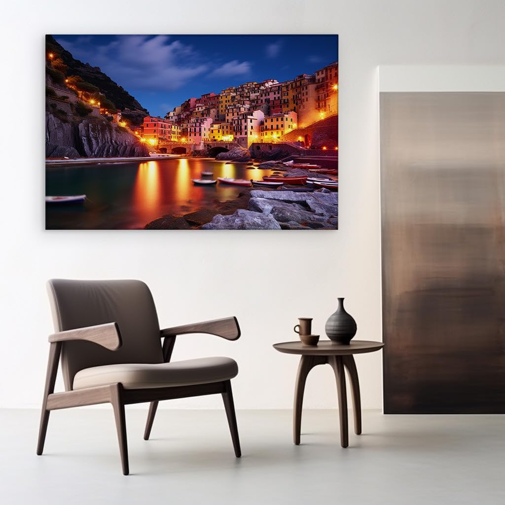Canvas for Living room. Illuminated Elegance in Manarola: Cinque Terre's Enchanting Nighttime Splendor, 27 x 18 inch Canvas Wall Art - Contemporary Masterpieces - Modern Home Decor