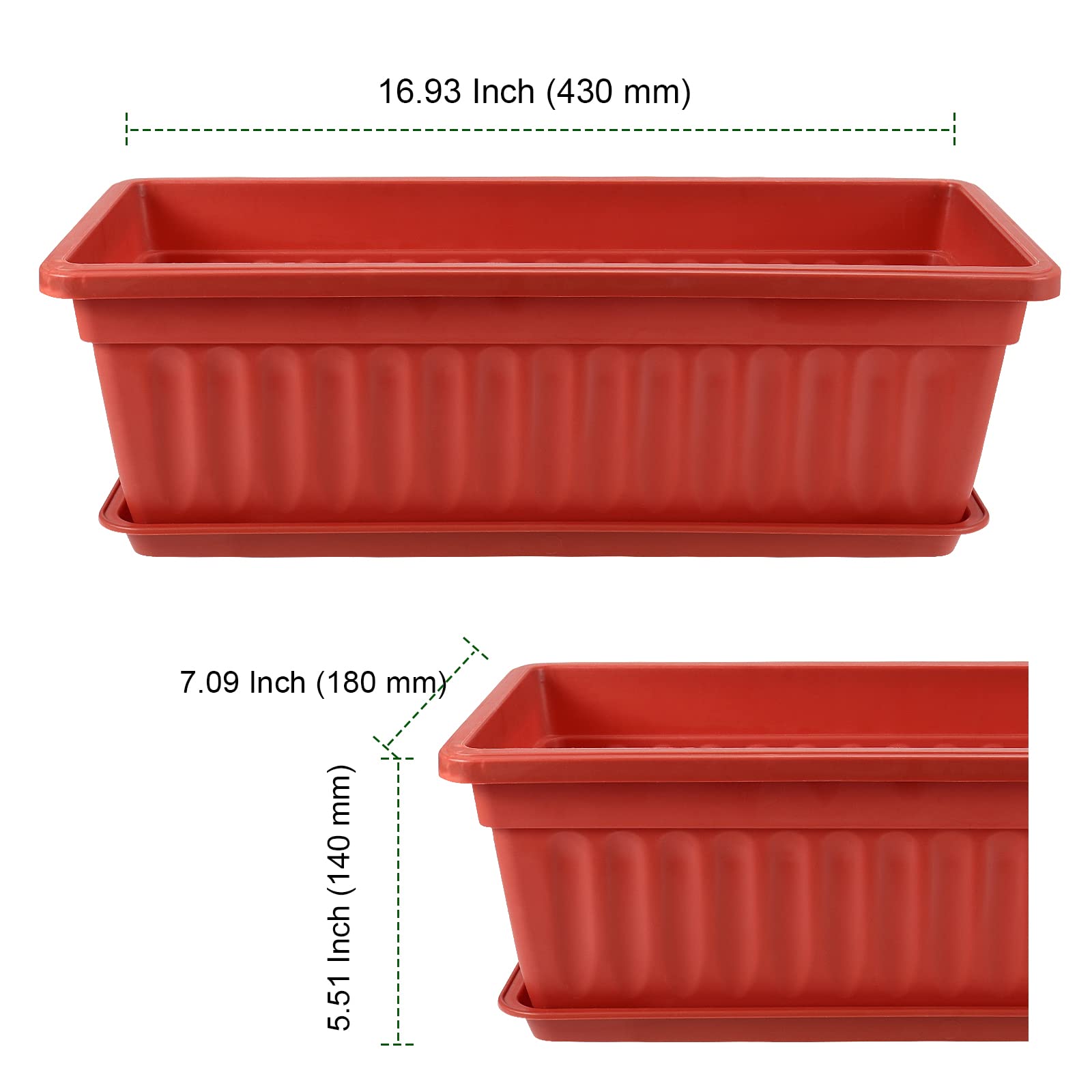 PINGEUI Lot de 6 jardinières rectangulaires en Plastique de 43 cm, pour Rebord de fenêtre, conteneurs de Culture de légumes avec Plateaux et 30 étiquettes de Plantes, Couleur Terre Cuite