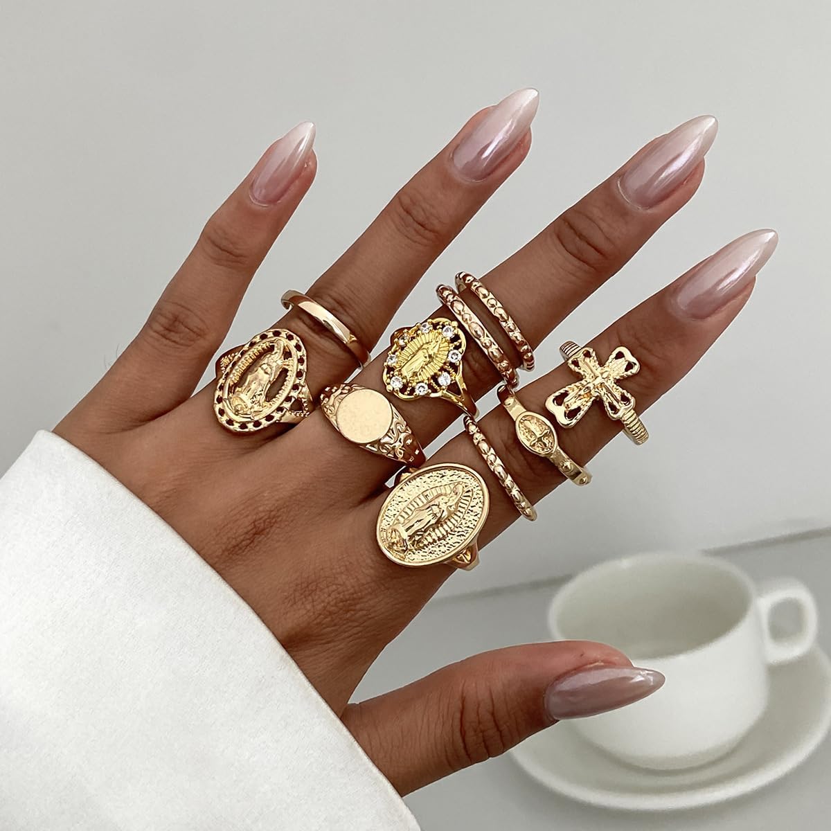 Gold-Plated Rings for Women Set Boho Virgin Mary Cross Ring Chunky Vintage Stacking Rings for Women Trendy Knuckle Joint Midi Finger Statement Silver Ring Set Faith Religious Jewelry