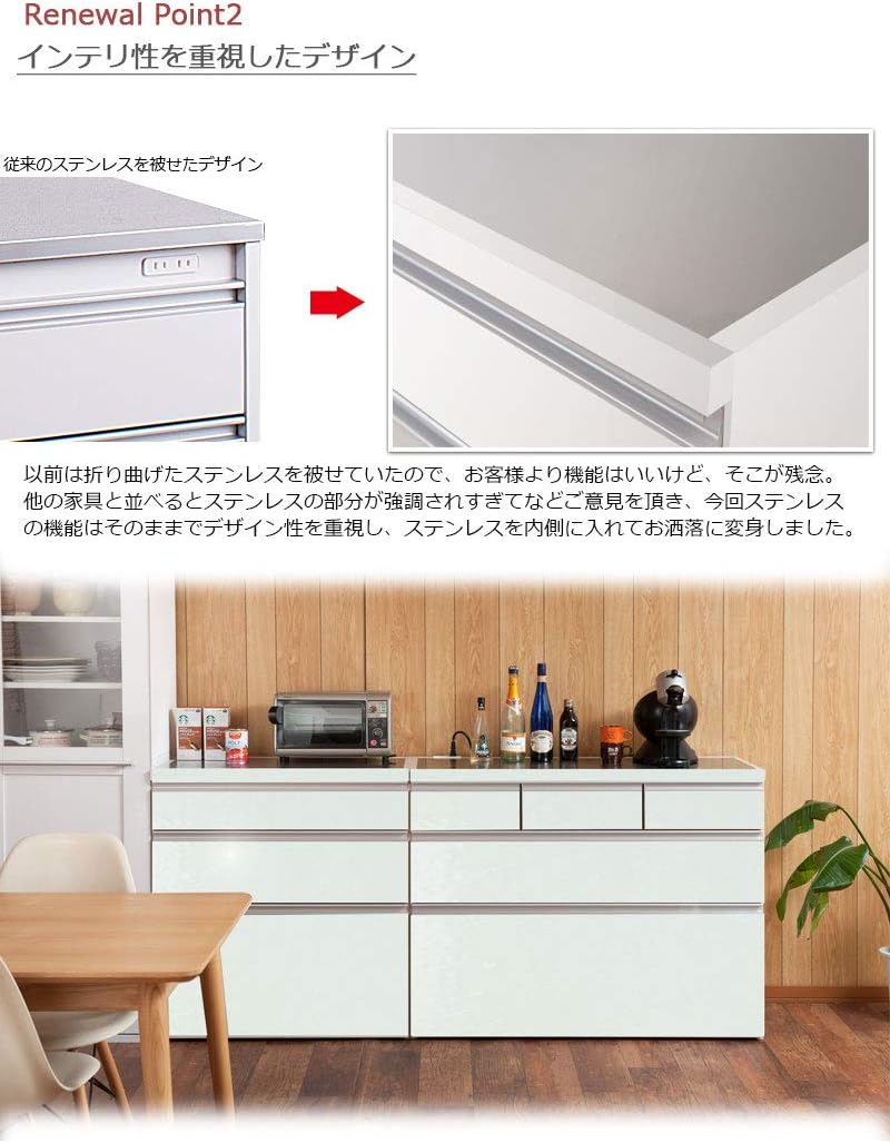 キッチンカウンター 幅110 ホワイト 白 艶あり レンジ台 レンジラック ステンレス天板 日本製 完成品 大型レンジ対応 木製 北欧 キャビネット 収納 おしゃれ (幅110 上部引出3杯 艶ありホワイト)