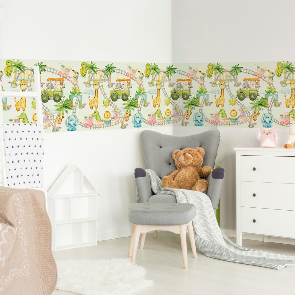 kina - SM0054 Adesivi Murali Fasce per Camerette Bambini - Grafica Trenino dello zoo Greche Protezione e Decorazione Pareti Rivestimento Mobili Tavoli e Armadi 30x130 cm