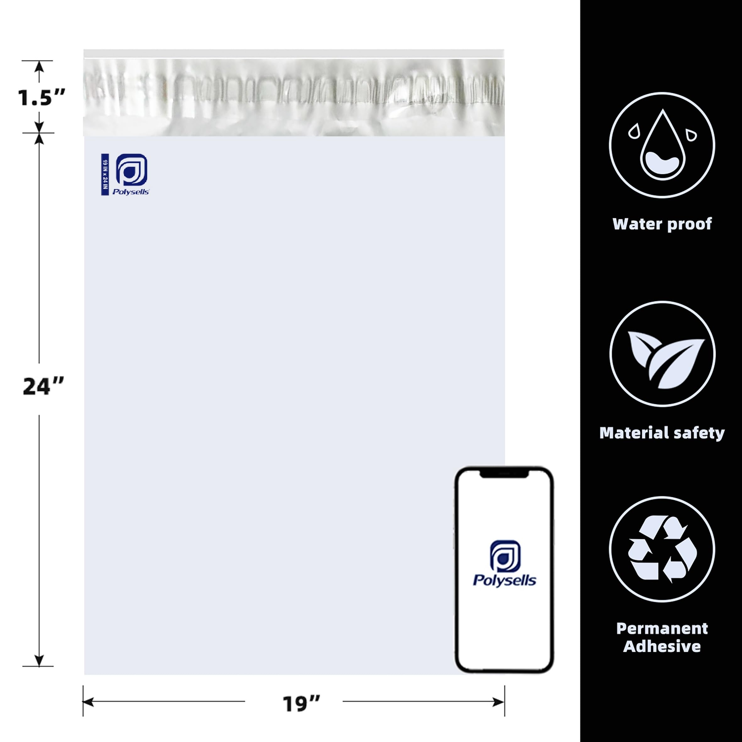 POLYSELLS Buste per spedizioni in polietilene, con forte chiusura adesiva, impermeabili e resistenti agli strappi, per abbigliamento, libri e accessori (bianco x argento, 48 x 61 cm, 100 pezzi)