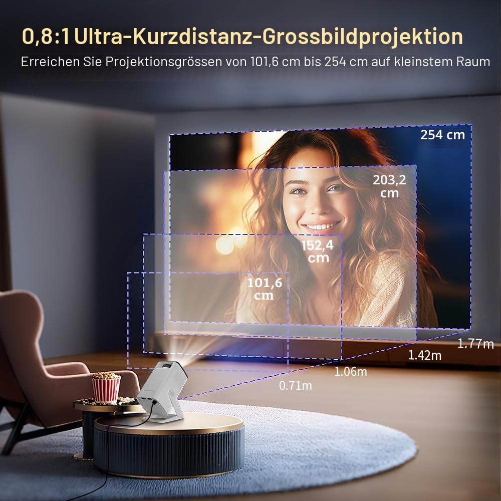 Mini Beamer 4K-Dekodierung, Android 14 & App per Fernbedienung, 720p nativ | Mobiler Klein Beamer mit Wi-Fi 6&Bluetooth 5.4, Auto-Trapezkorrektur, HDMI/USB-Kompatibilität, Smart Handy Projektor Weiß