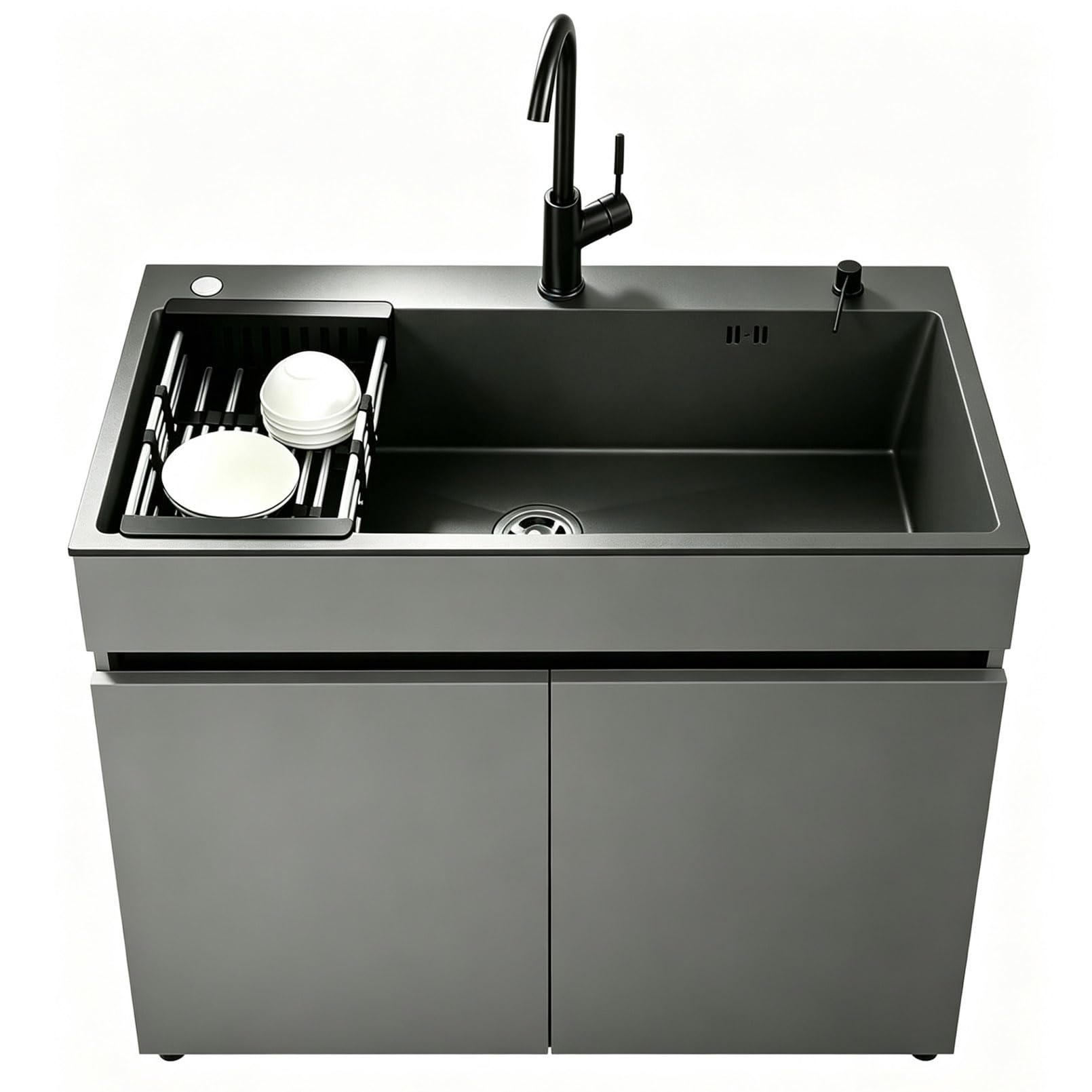 Lavandino da Esterno con Mobiletto in Alluminio 68cm– Lavello Autoportante in Acciaio Inox Nero, Mobile Lavatoio con Rubinetto Acqua Calda e Fredda per Garage, Terrazzo e Campeggio
