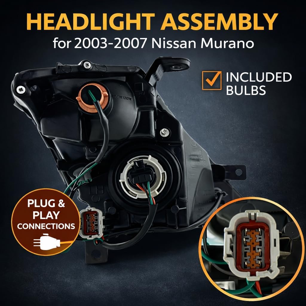 ALLIGATOR AUTO LIGHTS Replacement for Nissan Murano 2003-2007 Headlight Assembly with Bulbs for S, SE, SL; Right & Left Side Pair, DOT/SAE Compliant, Partslinks: NI2503155, NI2502155,