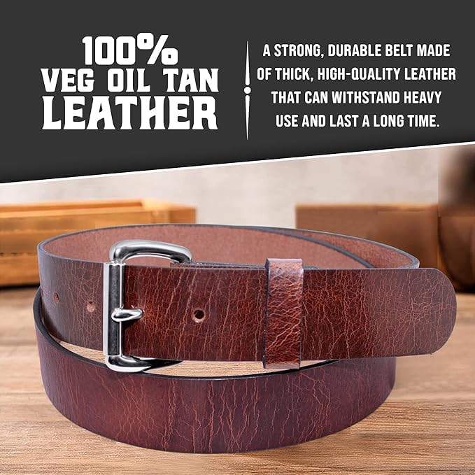 Mens Belts Leather Veg Oil Tan, Genuine Buffalo Leather Handmade By Amish, 1.5 Inch Wide & 9/10 oz Thickness3