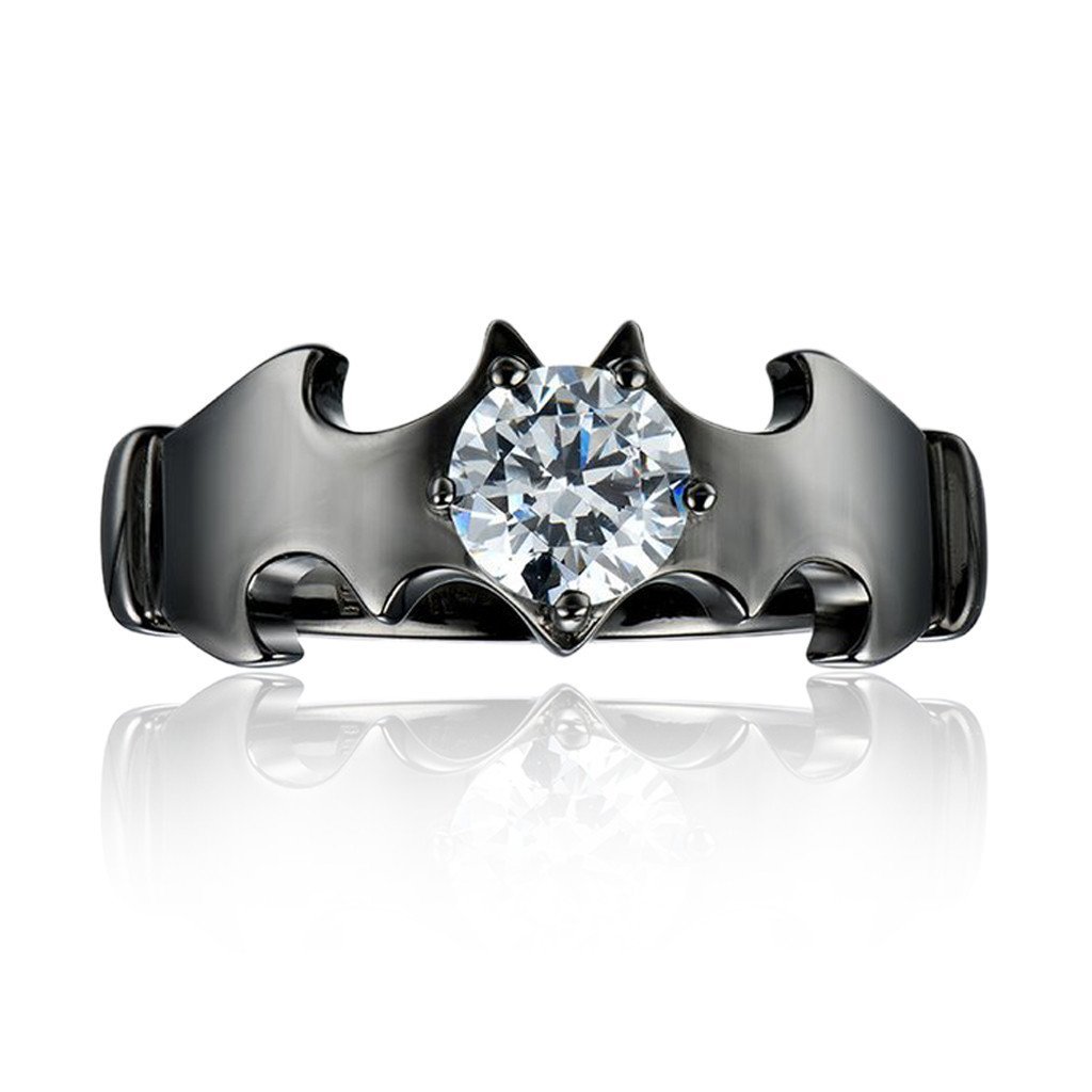 EverMarker Batman Round Cut CZ 925 Sterling Silver Black Gold Plated Wedding Ring