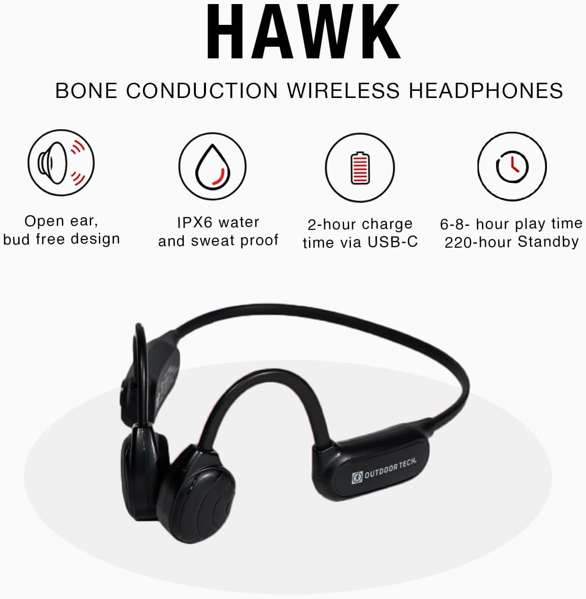 Outdoor Tech Hawk Bone Conduction Headphones - Wireless Open-Ear Sweatproof Bluetooth 5.0 Lightweight - Ideal for Running Cycling & Group Fitness