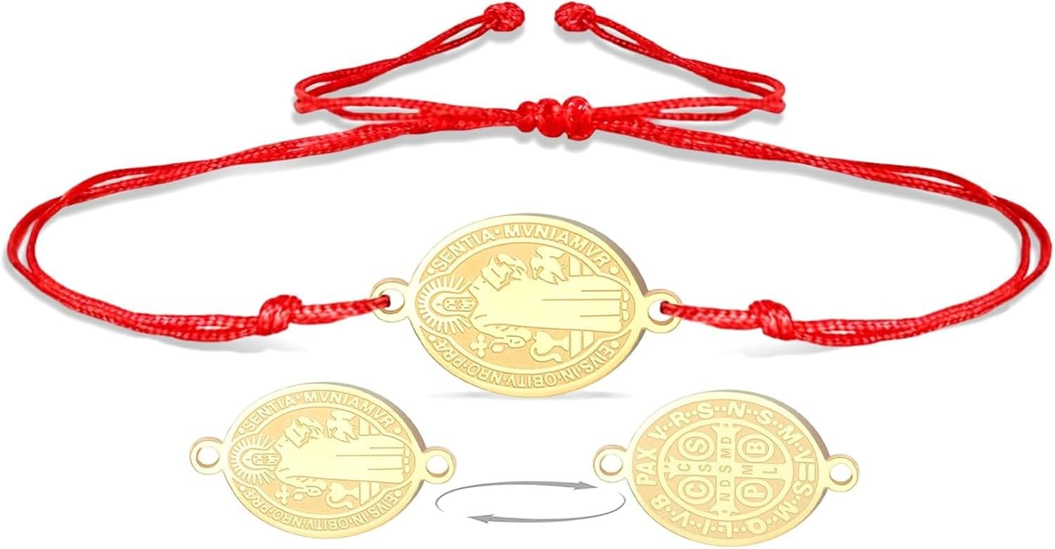 HUGGWRT Saint Benedict Medal Bracelet, Handmade Adjustable String Rosary for Exorcism Protection, Christian Religious Cord Jewelry for Catholic Women Men, G-R string