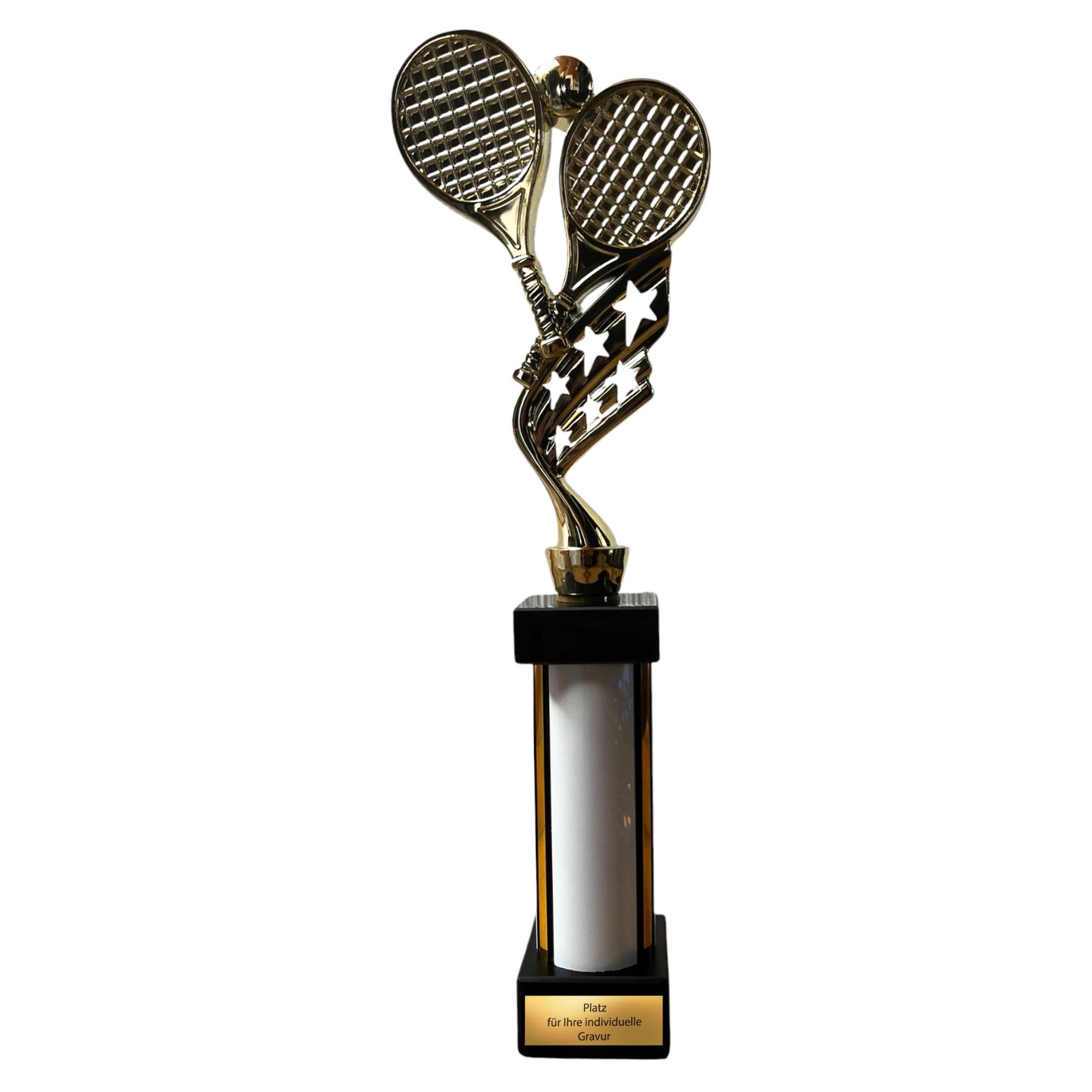 eberix · Tennis Pokal · mit Wunschgravur · Trophäe mit weißer Glanzsäule · Siegerpokal für Tennis-Turnier, Vereinsmeisterschaft, Schulsport, Doppelturnier · personalisierbar ·