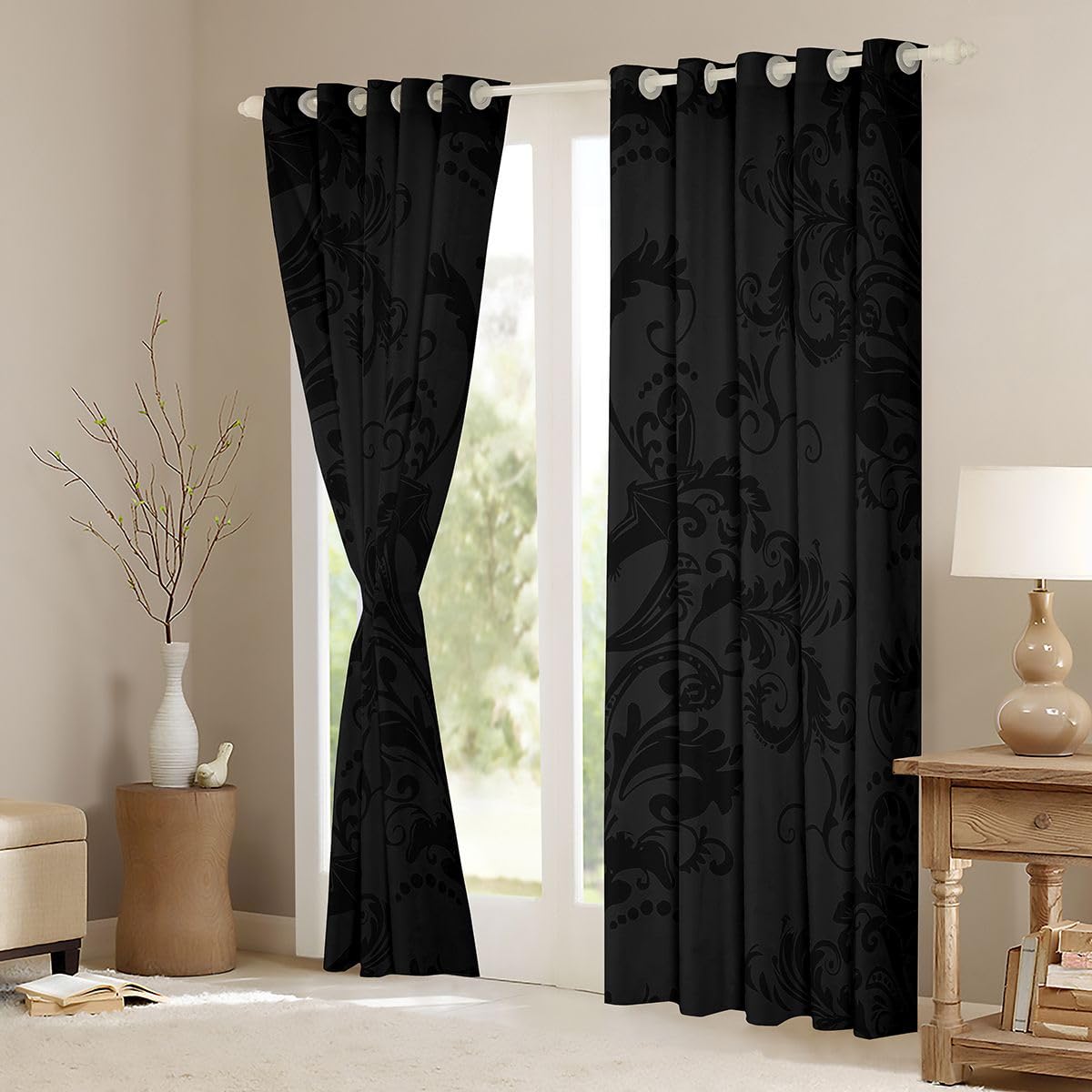 Tende oscuranti damascate nere, 117 x 183 cm, motivo pipistrelli di Halloween, gotiche, con occhielli, per soggiorno e camera da letto, stile vintage, bohémien, floreale, oscuranti, 2 pannelli