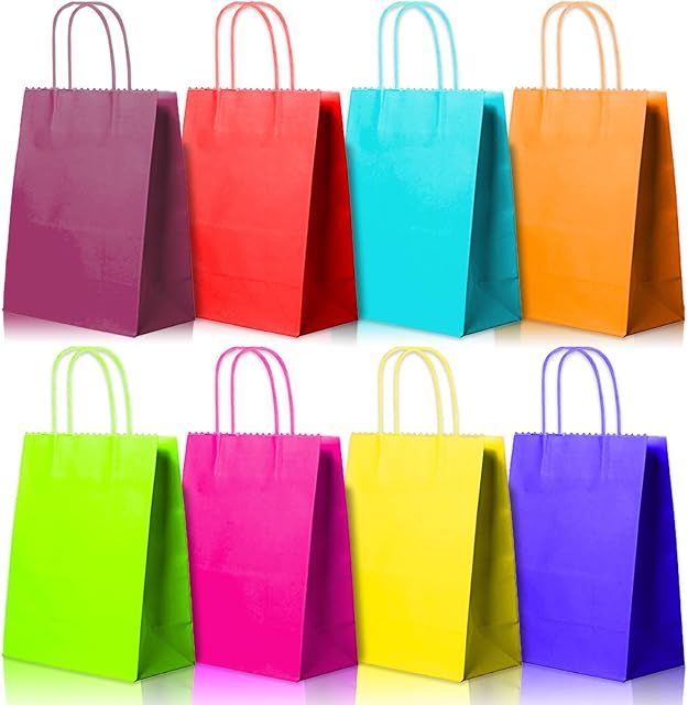 Eco Kraft Bags 16 Pcs 18x22x8 Party Paper Bags with Handles 120gsm 8 Color Gift Bags for All Occasions Ideal for Birthdays Events Shopping Sweets
