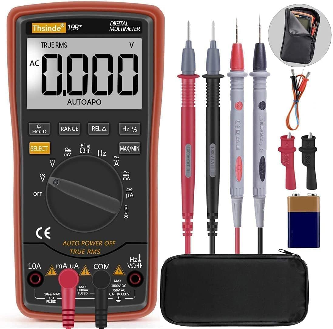 Thsinde 19B Digital Multimeter displaying an AC voltage reading with test leads connected