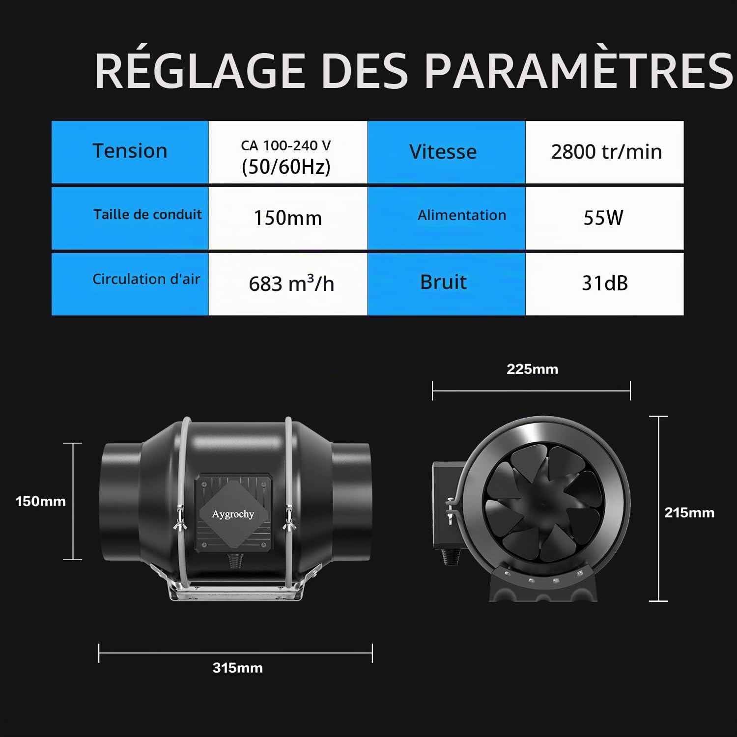 Aygrochy 150mm Wifi App Ventilateur en Ligne Kit avec régulateur de température et d'humidité, Extracteur d'air avec Filtre à Charbon d'air et Tuyau d'évacuation pour Culture hydroponique