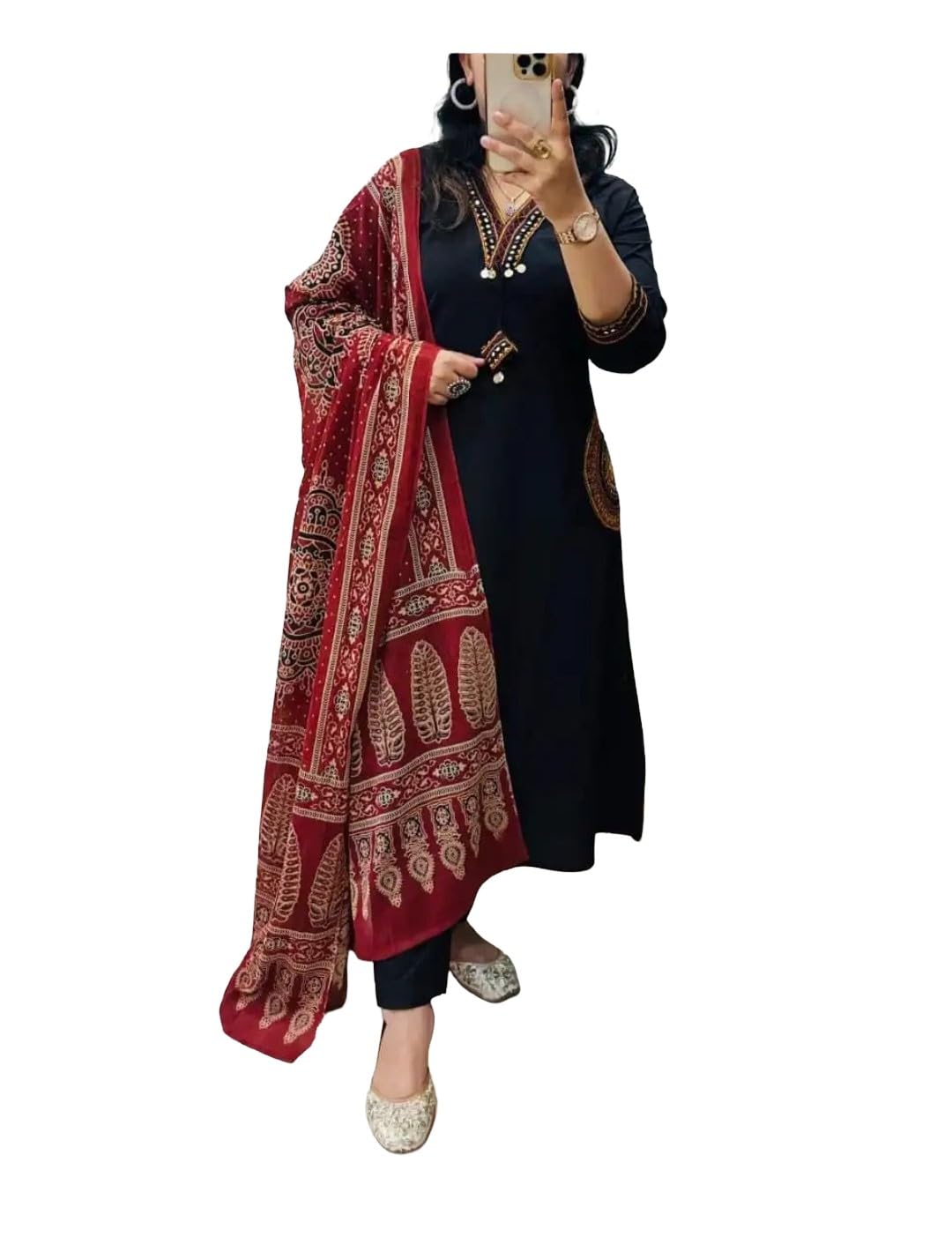 Women's Embroidered Salwar Suit Set, Black Kurta with Red Dupatta, Traditional Indian Ethnic Wear