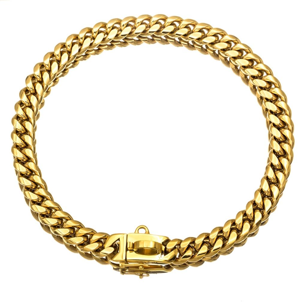 GDJGNUDK Dog Chain Collars, 14mm Width Diamond Cuban Link Dog Collar, Gold Chain Dog Collar With Secure Buckle, Dog Necklace Metal Cat Chain for Medium Large Dogs Cats for Strong Dog(Gold,10in)