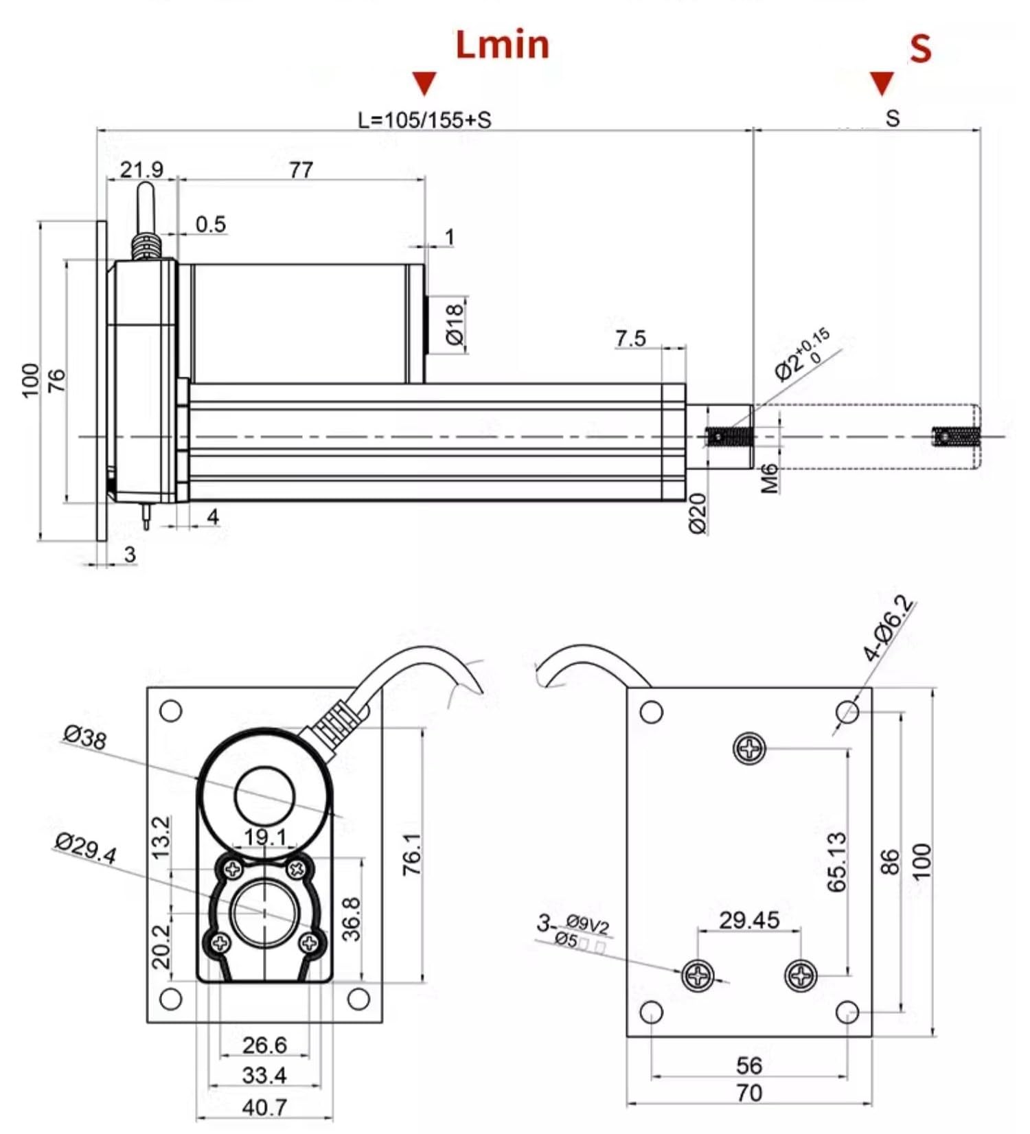 Siłownik liniowy o dużym skoku, 10-1000mm, Heavy Duty 100kg 1000N Max Lift, Prędkość 12mm/s, 24V DC, do podnośnika okien sof(Stroke 100mm)