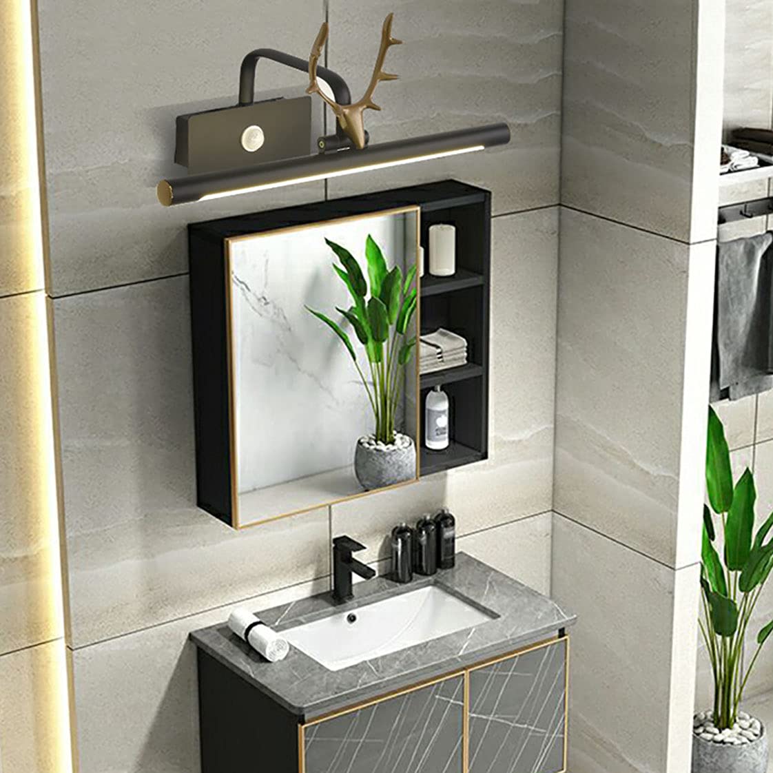 Luz espejo baño, luz espejo LED con sensor movimiento, luz pared gabinete tocador cromada iluminada, IP44 impermeable fácil instalación para maquillaje imagen tocador lavado