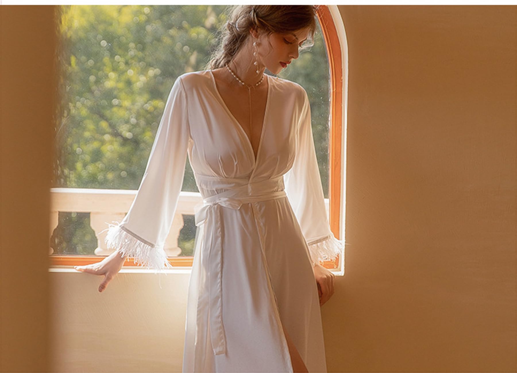 Ropa de Dormir para Mujer Kimono Largo Albornoz de satén Bata de Manga Larga Ropa de casa cómoda y Suelta
