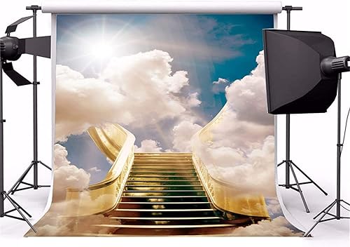 CSFOTO Telón de fondo de cielo con memoria amorosa de 7 x 7 pies, decoración temática del cielo enviado, pancarta del Reino de Dios, escaleras al
