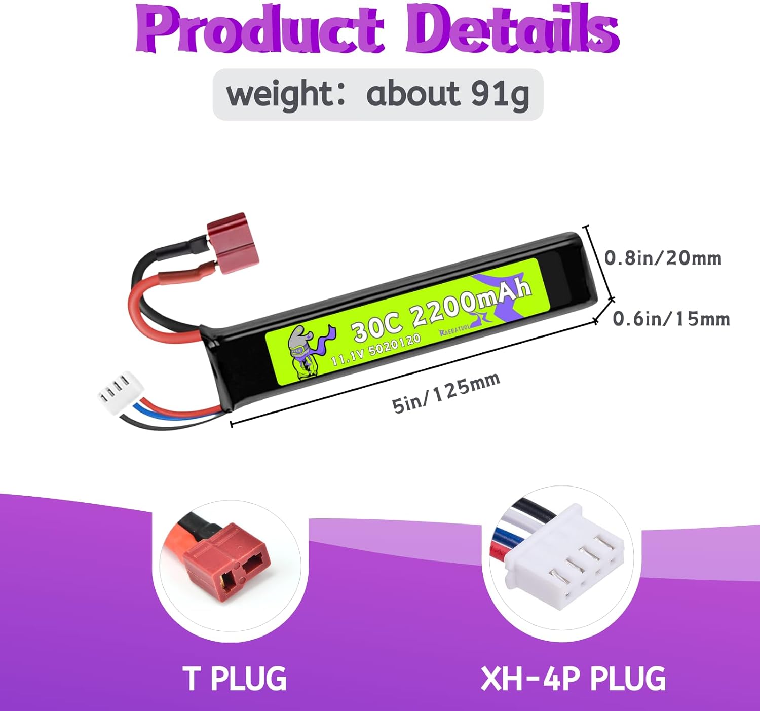11.1V 5020120 2200mAh 30C T Plug LiPo Battery for Airsoft Toy Gun M4 Crane Stock M110 G36 M14 L85 AUG G3 Rifle with Charger and Mini Tamiya Switch Cable