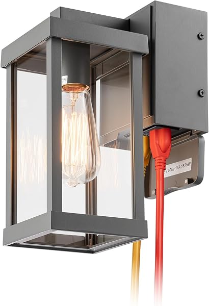 mirrea Classic Outdoor Wall Sconce with Built-in GFCI Outlet 1 Light in Matte Black Rectangular Metal Frame and Clear Gl