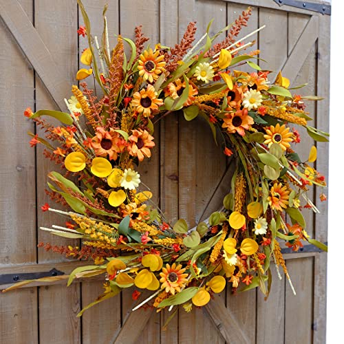 Idyllic 20 Inches Harvest Wreath, Yellow And Orange Daisies Flowers, Ear Of Wheat, Green And Spring Leaves Wreath For Front Door #TOP5