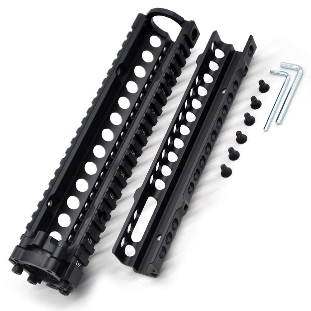 TRIROCK Two-Pieces Design 9.6 Inch Drop-in Black Quad Rail handguard for MK18 Rifle Interface System For Fitting .223 Cal.