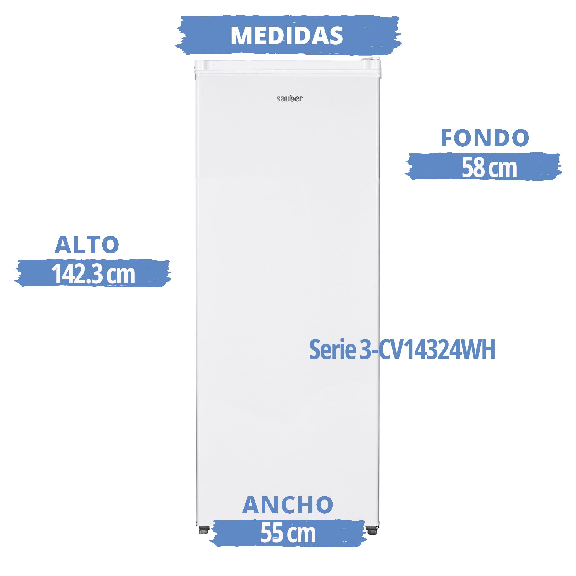Sauber - Congelador Vertical una Puerta SERIE 3-CV14324WH - E - 142 x 55 cm - 5 Cajones 168 Litros - Se puede Combinar con Frigo 1 puerta - ENTREGA Y RETIRADA EN DOMICILIO INCLUIDA