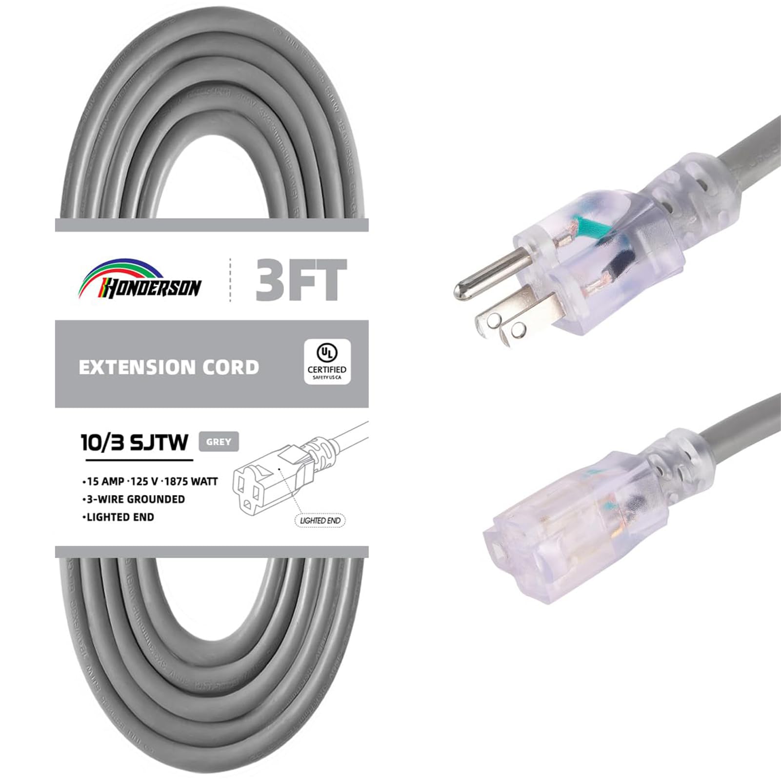 HONDERSON Extension Cord Weatherproof with Lighted End, UL Listed, 10 Gauge 3FT Grey 3 Prong Heavy Duty, 10/3 SJTW 15A Power Cord for Lights, Lawn