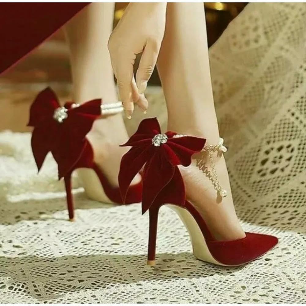 Scarpe da Sposa Rosse Xiuhe Tacco a Spillo Alto con Punta a Punta Bocca Bassa Fiocco Perla Una Parola Fibbia Cinturino Due Scarpe da Sposa da Indossare