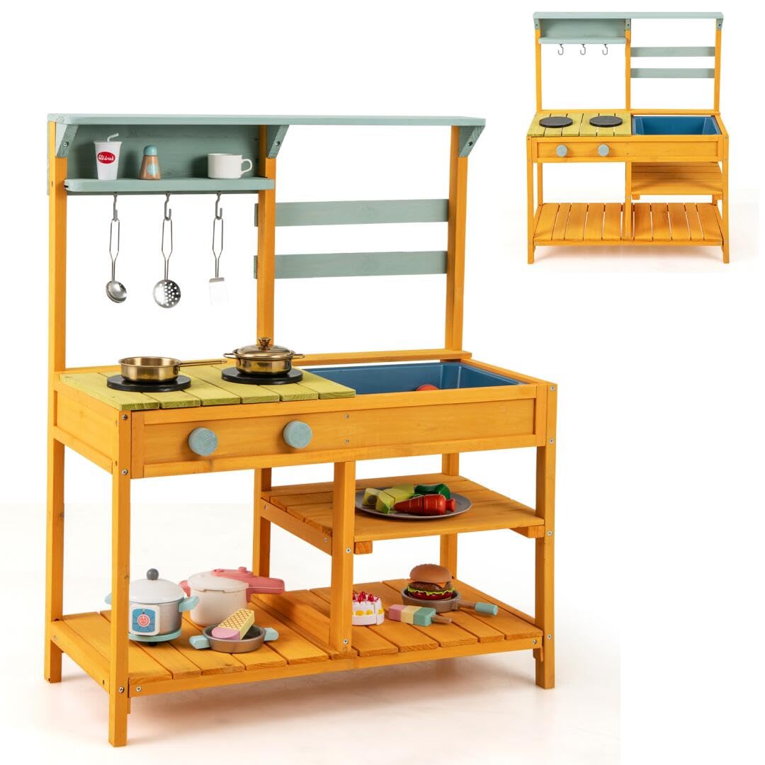 HOMASIS Matschküche Kinder Outdoor, Kinderküche mit Waschbecken Spüle Herd, Spielküche Holz, Spielzeugküche mit 3 Haken & Regalen, Holzküche Gartenküche für Kinder ab 3 Jahren (Gelb)