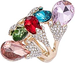 18K Gold Plated Iridescent Multi-color Gemstone Crystal Geometric Elastic Adjustable Stretchy Statement Rings for Women Cocktail Costume Jewelry