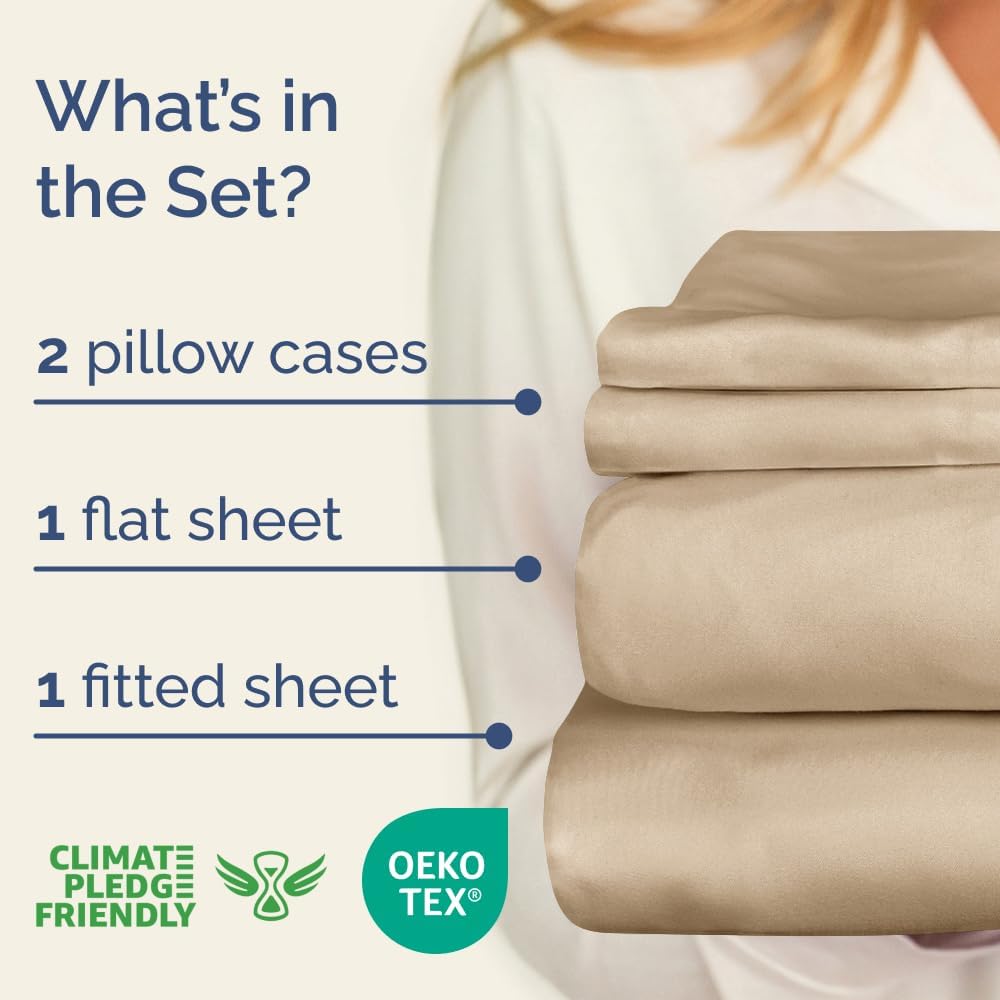 CGK Unlimited 400 Thread Count Cotton Bed Sheet Set - 100% Cotton Sheets - Sateen Cotton - Fits 8" to 16" Mattress - Silky-Soft, Hotel Quality Bedding Linens, Queen, Cream - Image 5