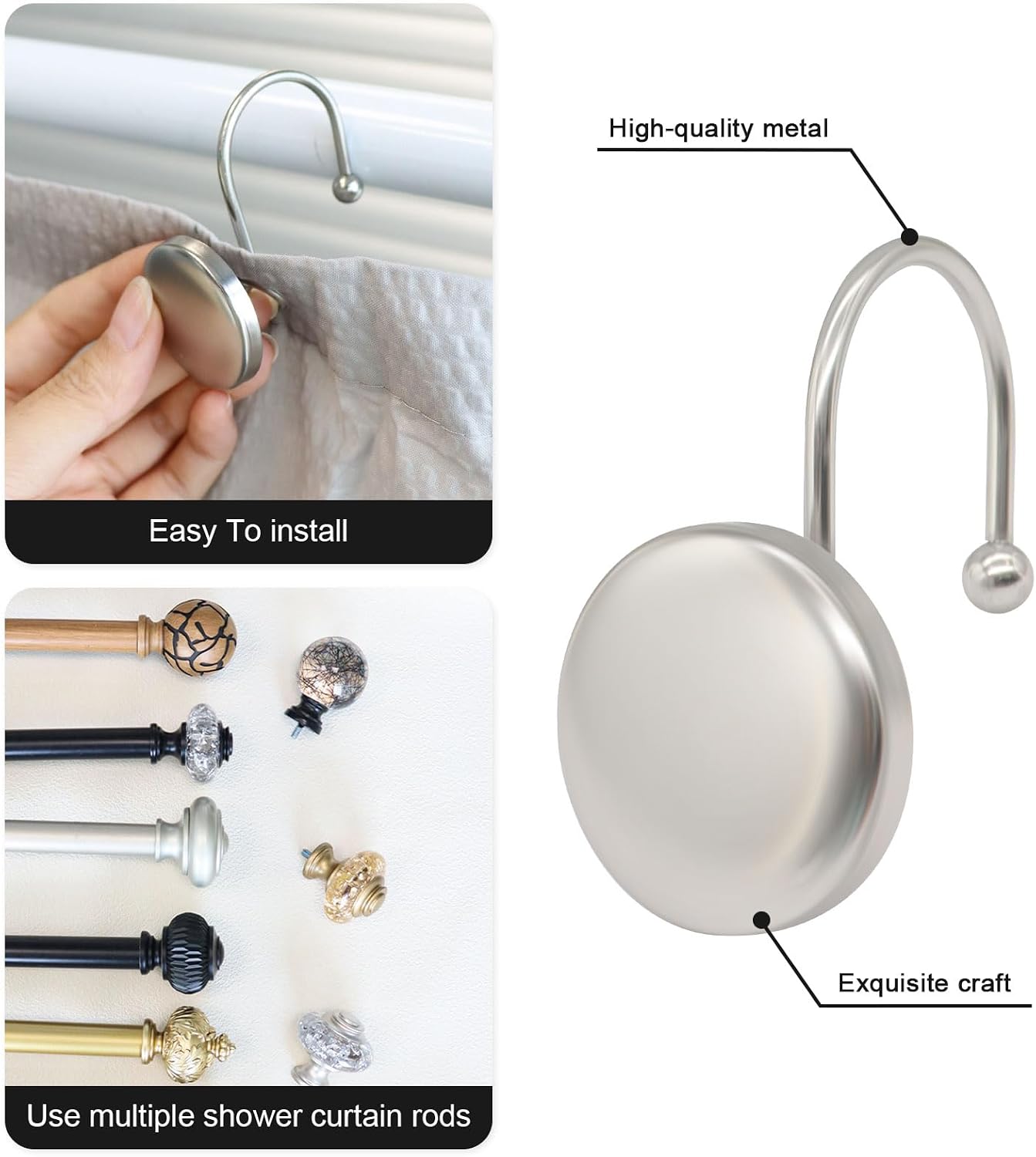 12PCS Shower Curtain Hooks,Modern Decor Shower Hooks for Shower Curtain, Tropical Shower Curtain Rings Rust Proof Shower Curtain Hanger Clips,Silver image 5