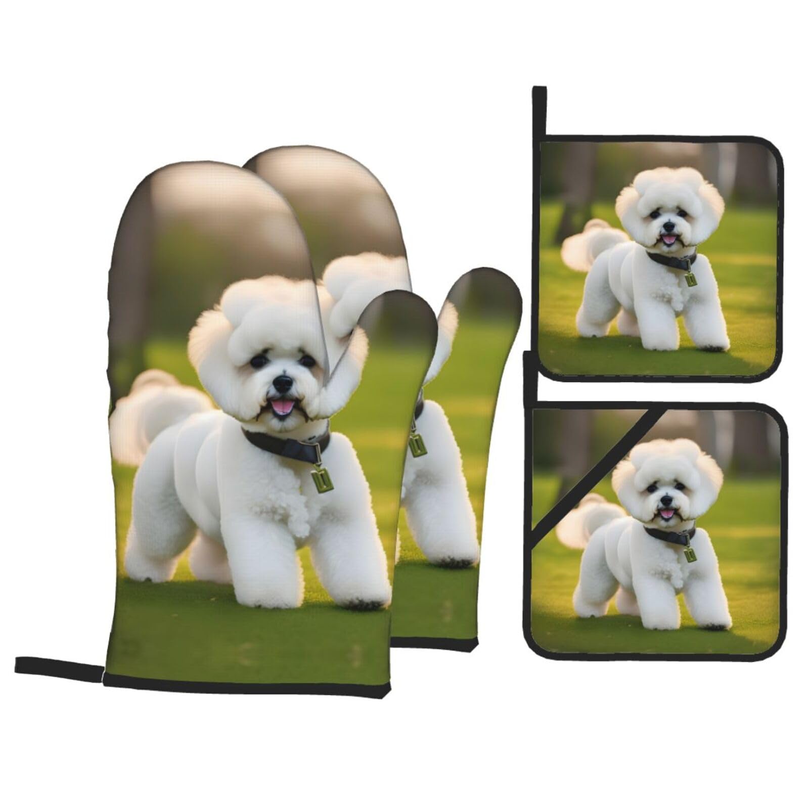 Bichon Frise Dog on the grass Print Oven Microwaving Waterproof Kitchen Gloves for Baking Grilling Holiday Cooking