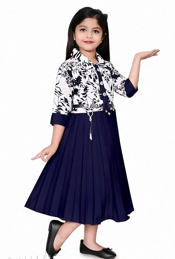Girls Midi Dress, Stylish Floral Shirt Style Frock with Pleated Skirt, Casual Dress for Kids
