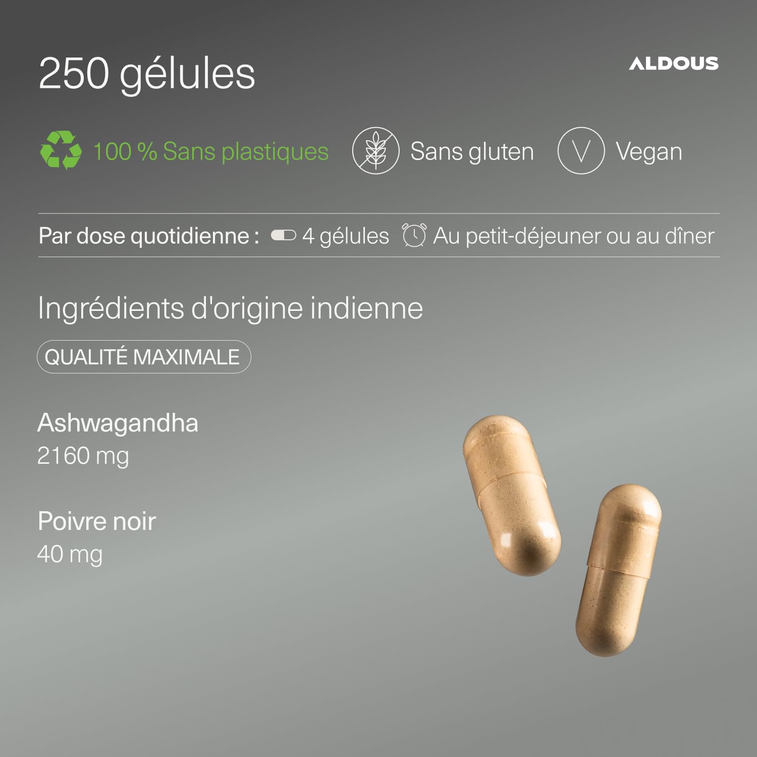 Ashwagandha Bio 2160mg - 250 Gélules Végétales - Racine d'Ashwagandha Bio avec Poivre Noir - Withania Somnifera - Bien-être, Anti Stress, Énergie, Sommeil - Sans Additifs - Certifié Biologique -ALDOUS
