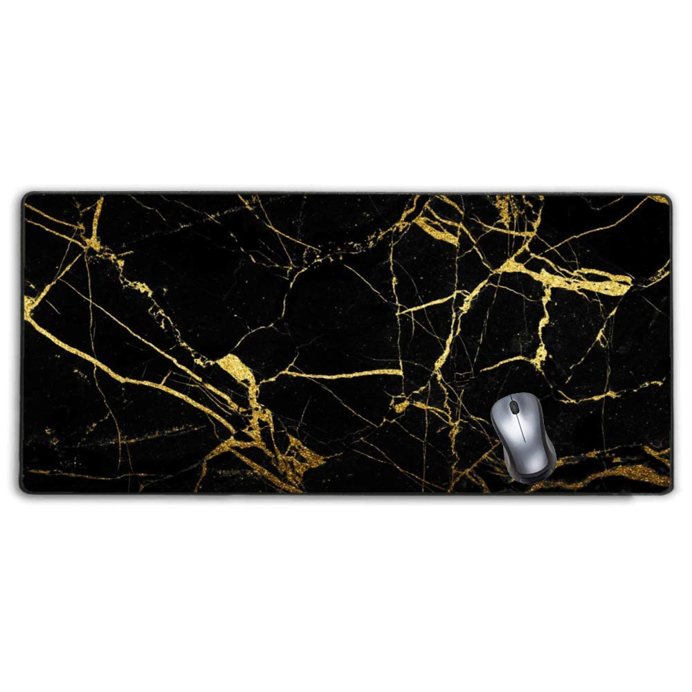 Stitched Edges Large Gaming Mouse Pad,Extended Mousepad with Non-Slip Rubber Base for Laptop Desktop Computer Keyboard Mat - Black Gold Marble