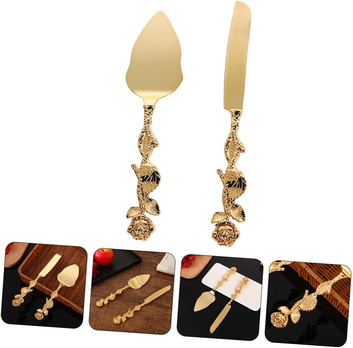 Gold Cake Server and Cutter Set Zinc Alloy Wedding Cake Spatula Serrated Slicing Tool for Birthdays Parties and Special Events