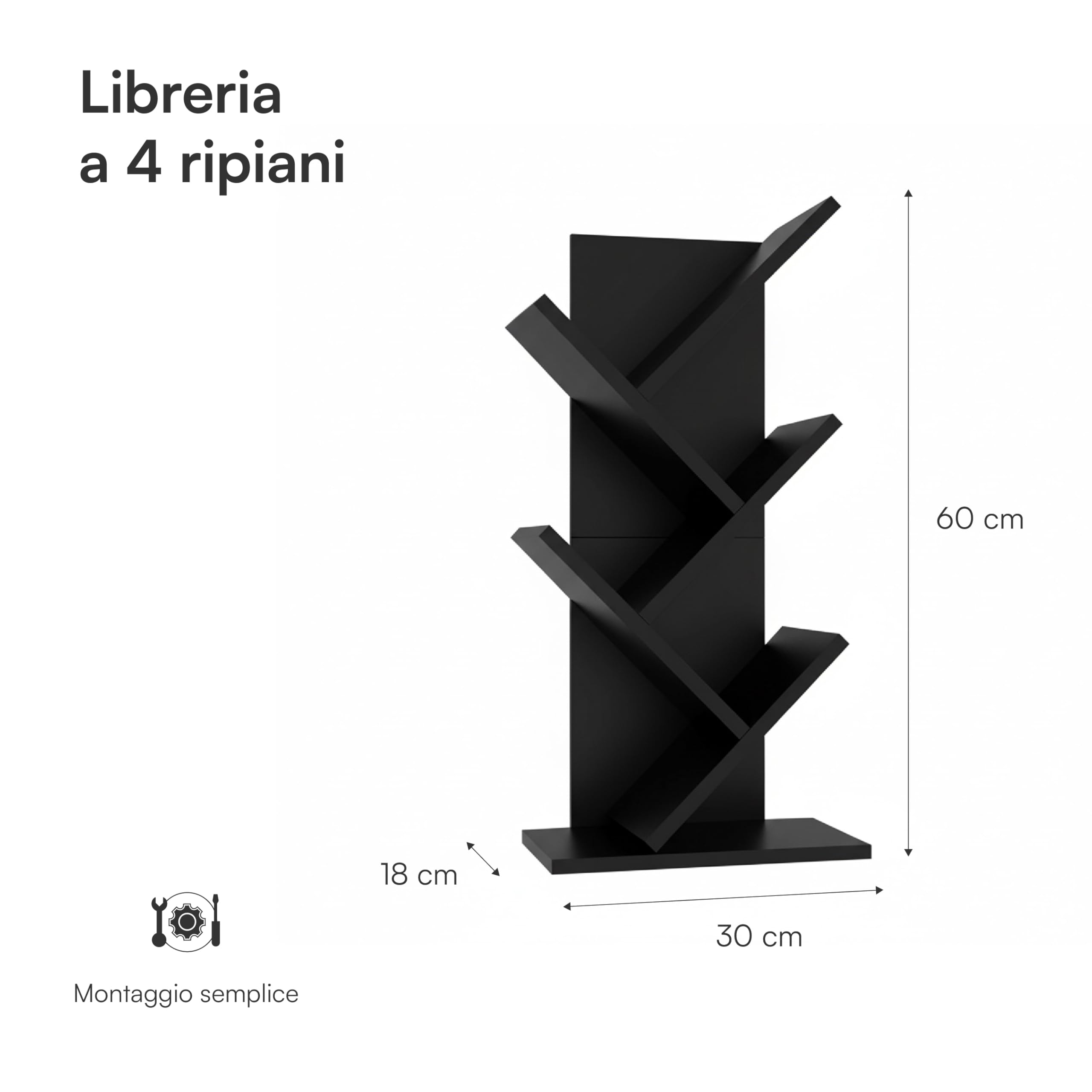 Baroni Home Libreria ad Albero Salvaspazio a 4 Ripiani Scaffale Portalibri Verticale da Terra per Soggiorno, Studio e Cameretta, 18x30x 60cm Nera