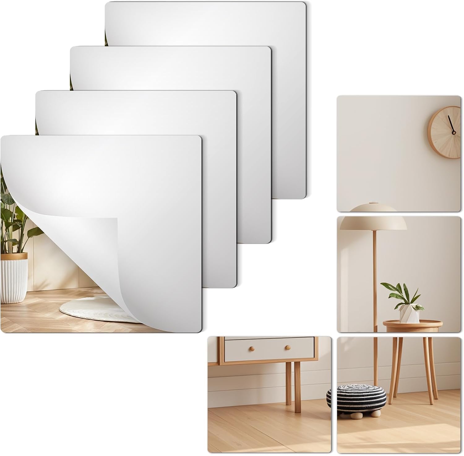 Self Adhesive Mirror Tiles, 6 PCS, 15cm x 15cm Square Acrylic Mirror Stickers for Walls, Stick on Mirrors for Bathroom, Bedroom & Home Decor