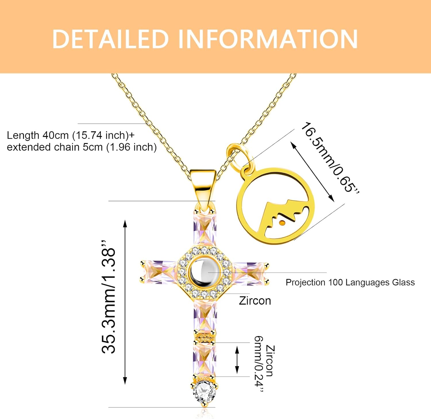 Uloveido Religious 100 Languages I Love You Projection Cubic Zirconia Cross Necklace - Charm Heart Mustard Seed Faith Cross Pendant Necklace for Women Christian YA4517 - Image 6