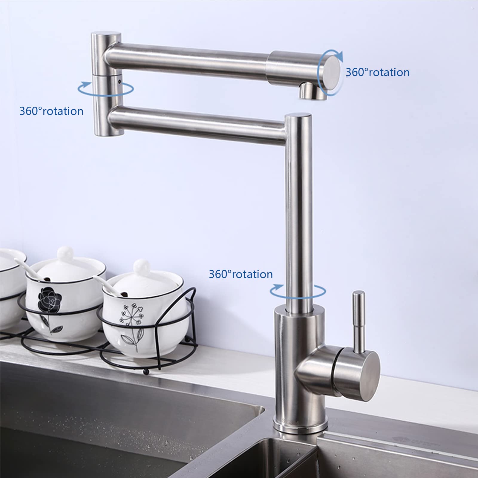 Rubinetto per riempimento pentole, Montaggio su Piano, Rubinetto da Cucina, Doppio Giunto, Girevole, Pieghevole, Acciaio Inox 304, Maniglia Singola, Foro Singolo, Miscelatore, dopp