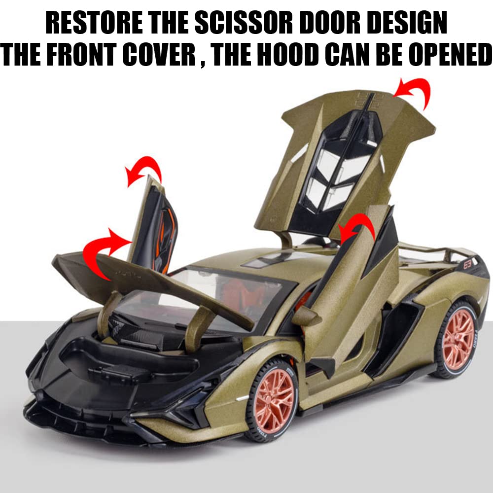 1/24 Diecast Car Toys for Kids, Zinc Alloy Lambo Sian FKP 37 Model Toy Car with Light and Sound, Pull Back Vehicles Toy Car for Toddlers Boys Girls Birthday Gift (Green) 4