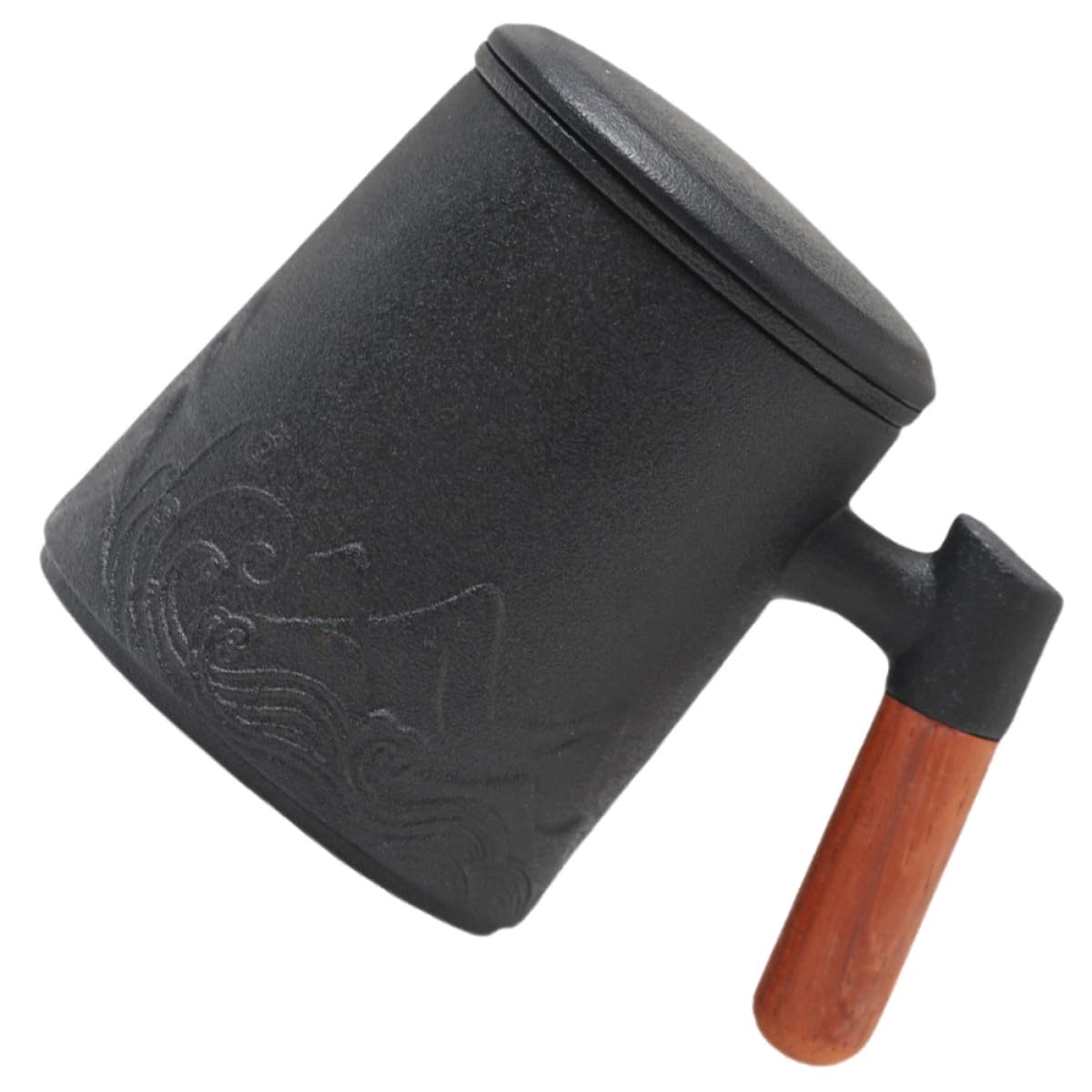 Veemoon Mug Design Rétro Créatif Poignée en Bois en Céramique Noir 400ml avec Infuseur et Couvercle pour Café Maison