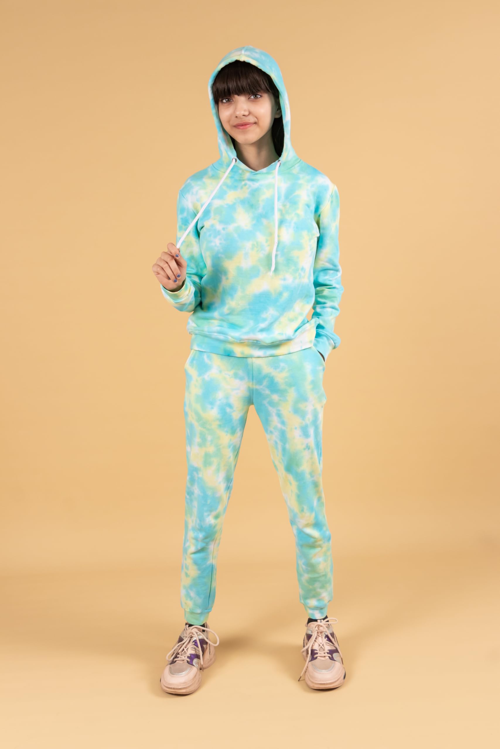 Tweeny Mini Kids Girls Cotton Terry Tie Dye Hoodie Sweatshirts|Joggers Set|Co-Ord Set|Tracksuit Combo Set Full Sleeves For Winter Wear (11-12 Years,Lemon Green),Jogging Suit 4