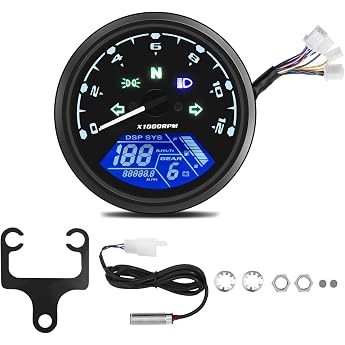 Geloo 12000RPM Motorcycle Speedometer Digital Speedometer with Brackets 199 km/h MPH Universal for 124 Cylinders with Multifunctional Indicator Light 12 V 12000 rpm 199 km/h MPH LCD tachometer for 124 cylinder with multifunctional display 12 V universal